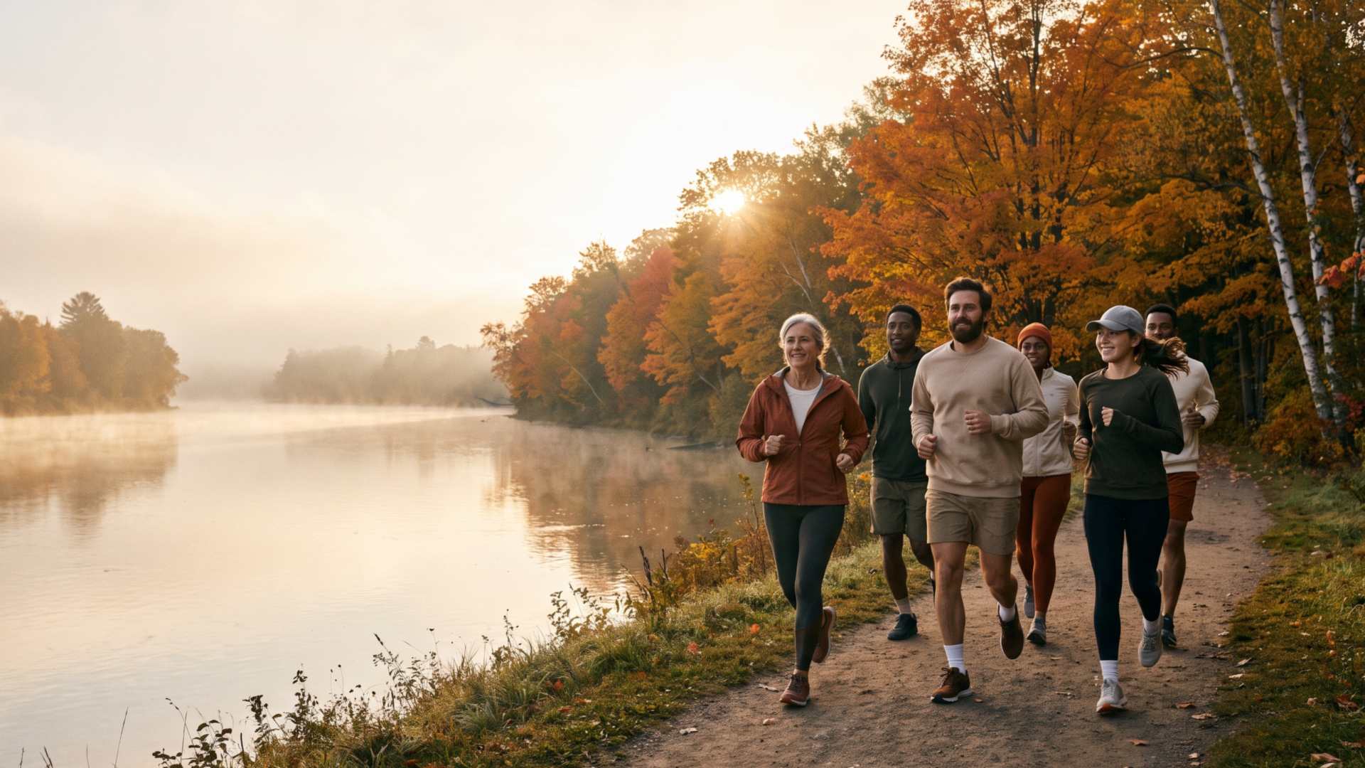 Five runners of different ages jog together on a riverside trail at sunrise, autumn maples glowing orange behind them.