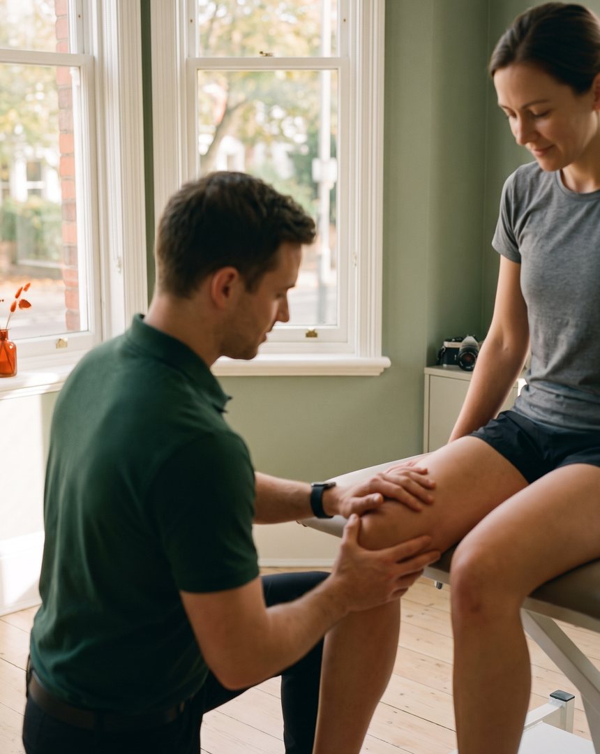 A physiotherapist kneels to assess a runner's knee as she sits on a treatment table in a bright clinic room.