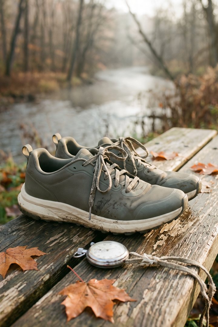 A pair of worn trail running shoes and a stopwatch on a wooden bench beside a river, fallen maple leaves around them.