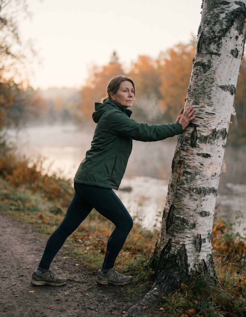 A runner in her fifties stretches her calf against a birch tree beside a misty river at dawn.