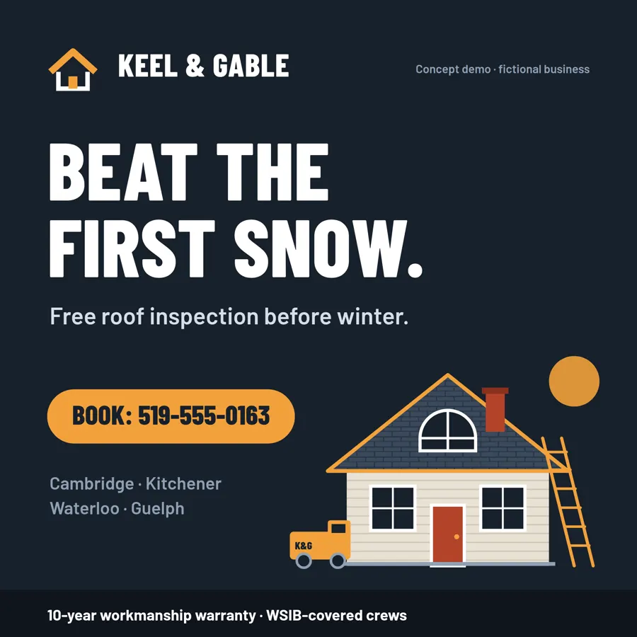 Square social post: Beat the first snow, free roof inspection before winter, book at 519-555-0163, with the house illustration