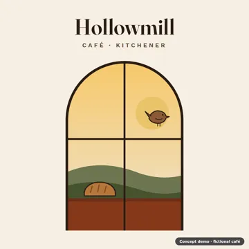 The arched café window at sunrise with a wren landing