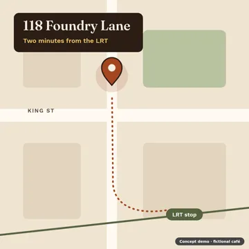 An illustrated map with a pin on Foundry Lane and the LRT stop