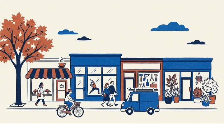 Illustration of a local main street: a café, a studio, a home-repair van and a plant shop.